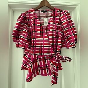 Gibson HiSugarplum Vibrant Red & Pink Plaid Wrap Blouse